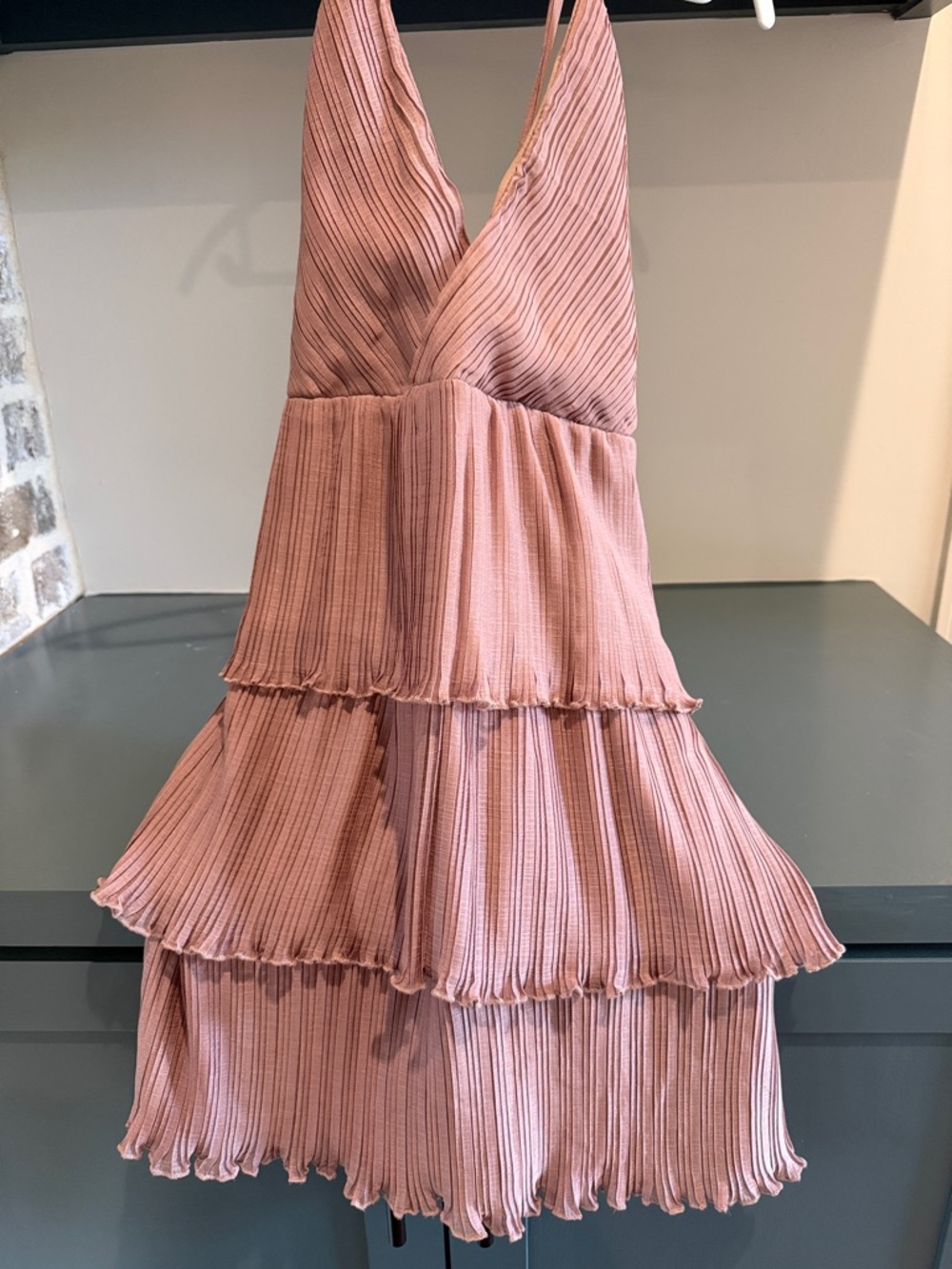 Altar'd State Dusty Rose Tiered Pleated V-Neck Midi Dress